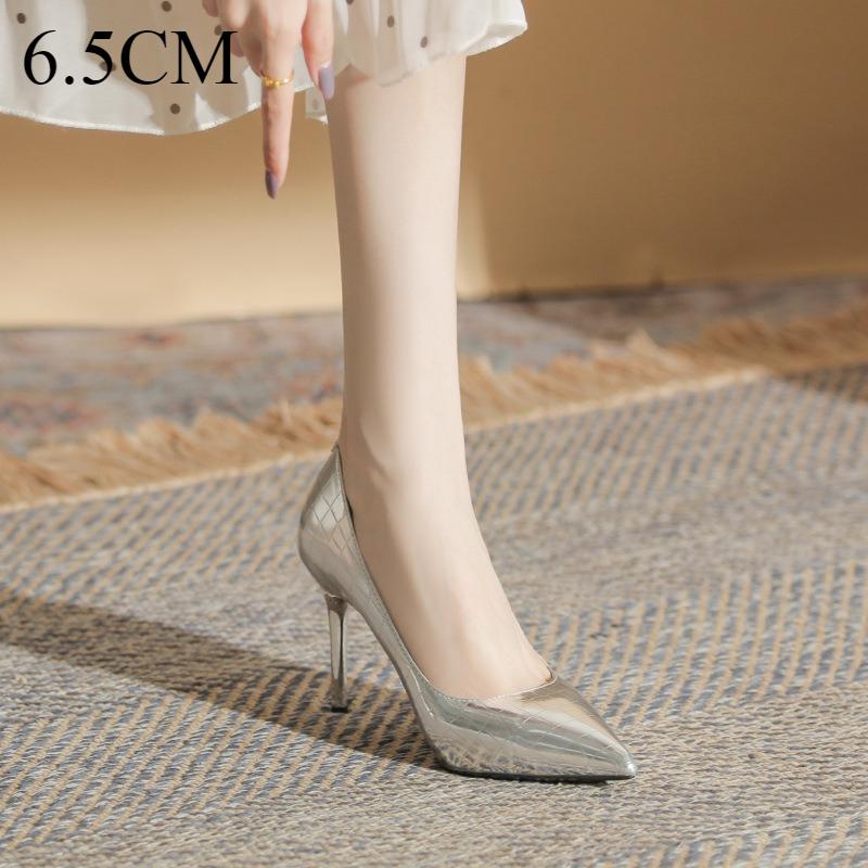 Mode High Heels für Damen Spitzschuh Schmale Absätze Lederschuhe für Damen Flacher Ausschnitt Lackleder Silber Einzelne Schuhe