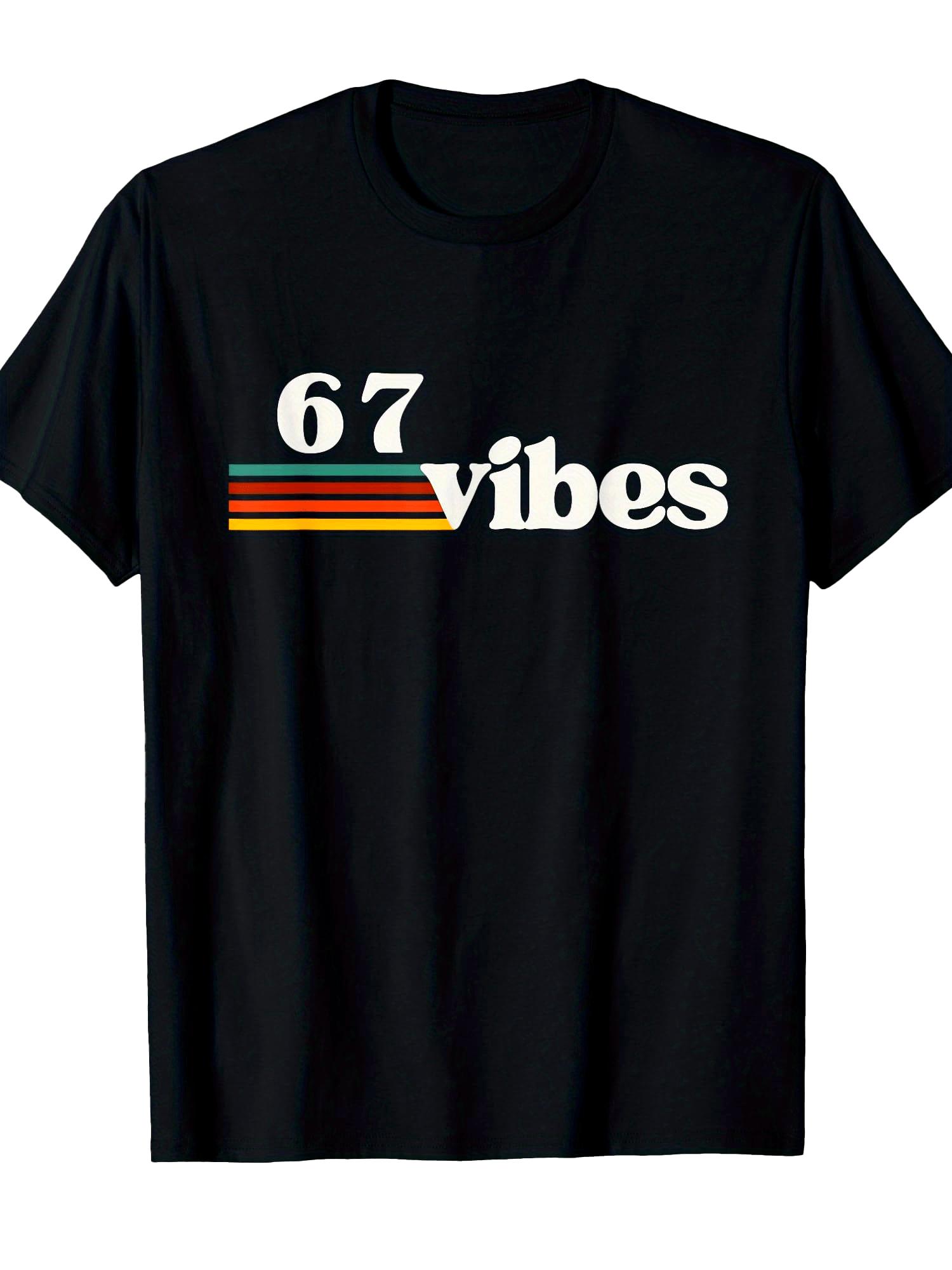 

67 Vibes 2025 6 7 Meme Retro Humor Quotes Tshirt Casual Crew Neck Colorful Striped Design Couple Streetwear for All Seasons -... S разноцветный