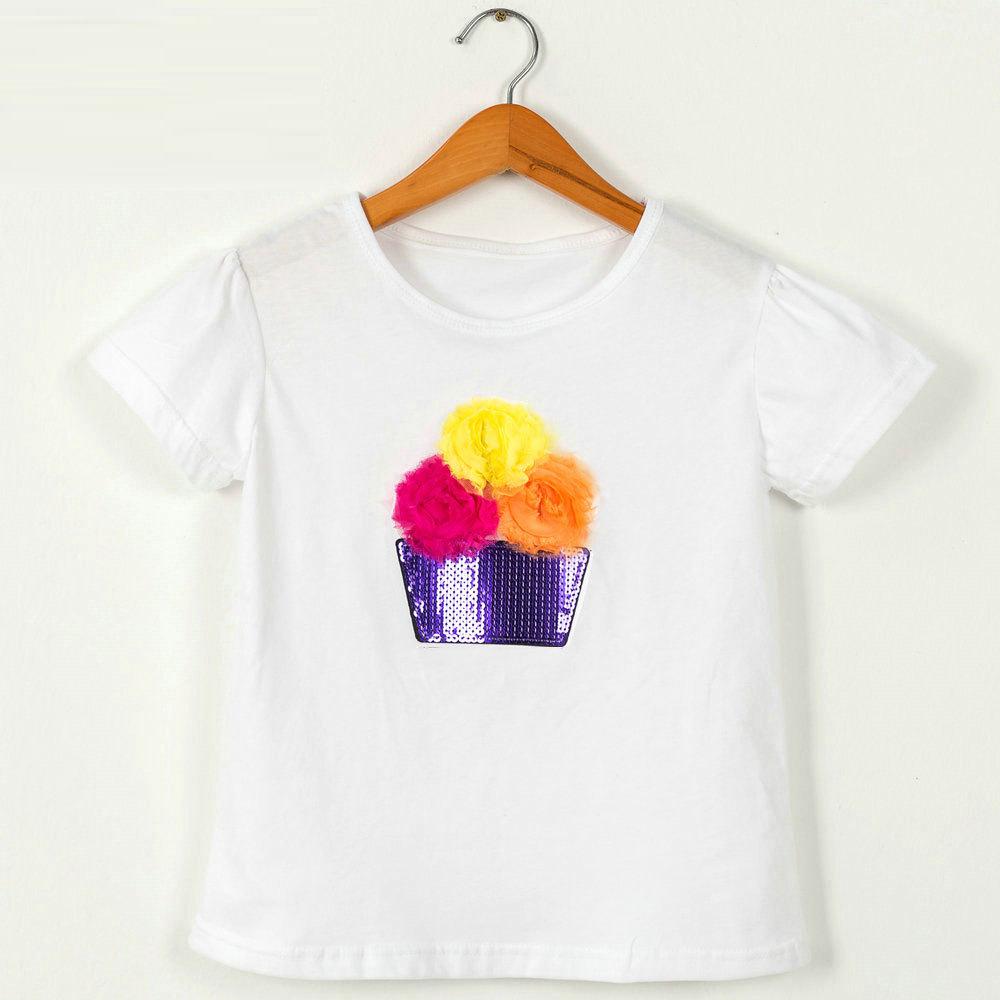 European & American Sequin Flowerpot Puff Sleeve Girls Round Neck T-Shirt Medium