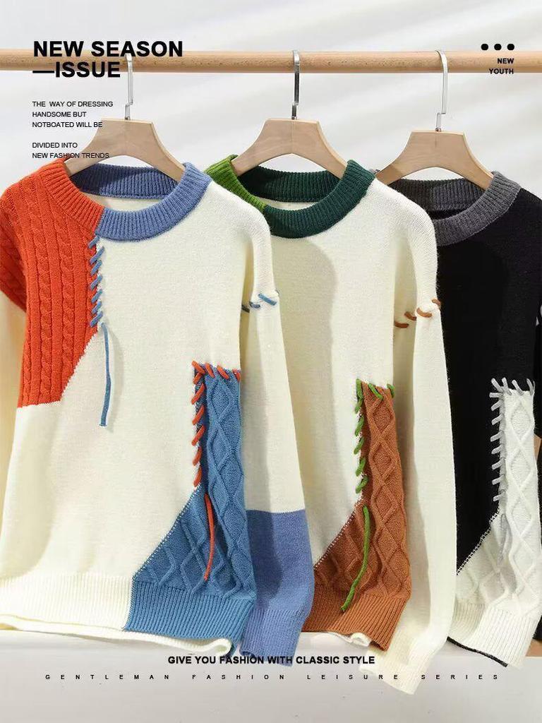 Men's Patchwork Color Block Wool Sweater - Winter Casual Loose Fit
