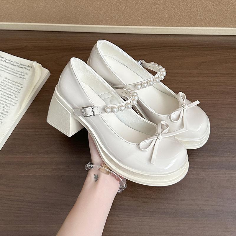 Mary Jane Shoes Women's 2025 Autumn New Fashion Single Shoes Sweet Bow Thick Heel Pearl Small Leather Shoes