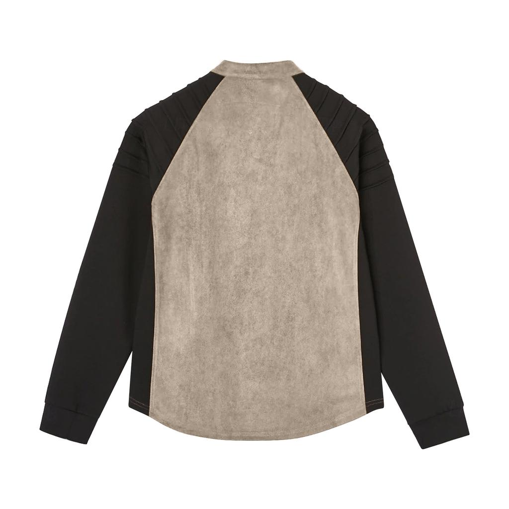 Męska koszulka z długim rękawem z zamszowymi wstawkami patchworkowymi i ściągaczem przy szyi, sportowa koszulka z długim rękawem plus size