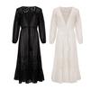 Summer Bikini Cover Up See-through Lace Long Sleeves Thin Cardigan Tassel Sunscreen Patchwork Lace