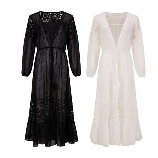Summer Bikini Cover Up See-through Lace Long Sleeves Thin Cardigan Tassel Sunscreen Patchwork Lace