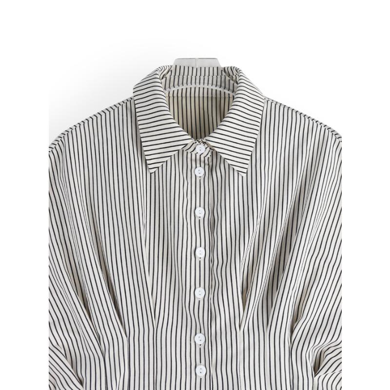 Summer New Women's Design Waist Shirt Casual Versatile Striped Pleated Slim Top