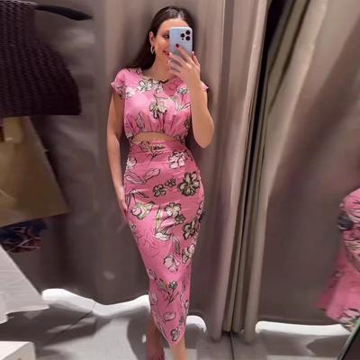 Print Hollow Out Pleated Short Sleeve O-neck Empire Women Dress Spring Summer Lady Robe