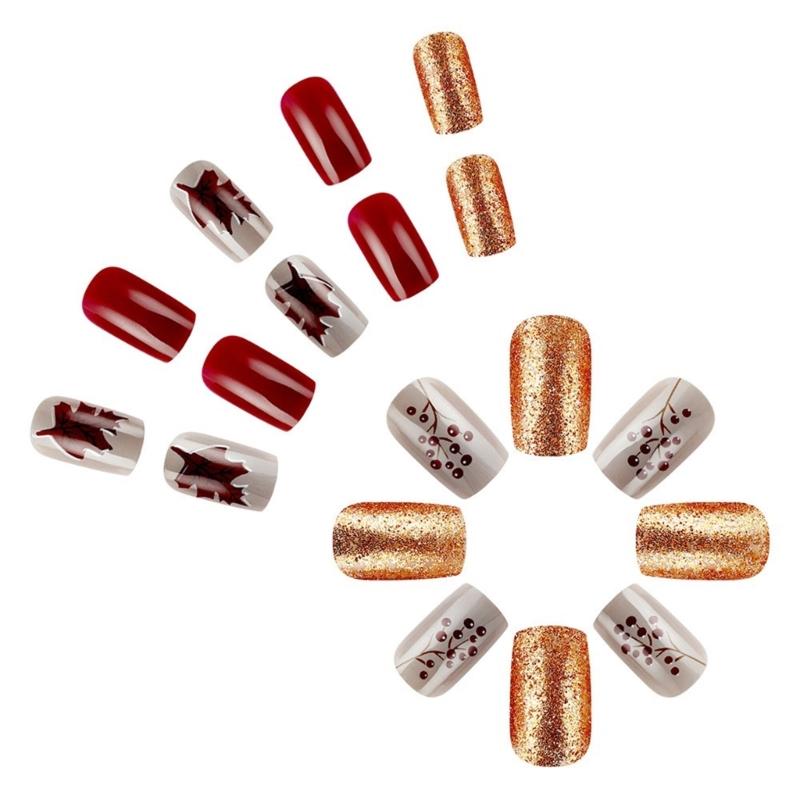 24x/Box Thanksgiving Nails Full Cover Stick on Nails Fall Press On Nails Artificial Nails Short Maple Leaves False Nails