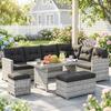 5-Piece Rattan Patio Furniture Set with Corner Sofa, Footstools, Glass Coffee Table, Cushions, Mixed Grey