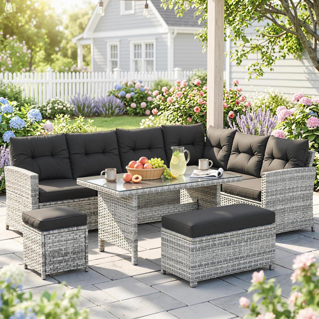 5-Piece Rattan Patio Furniture Set with Corner Sofa, Footstools, Glass Coffee Table, Cushions, Mixed Grey