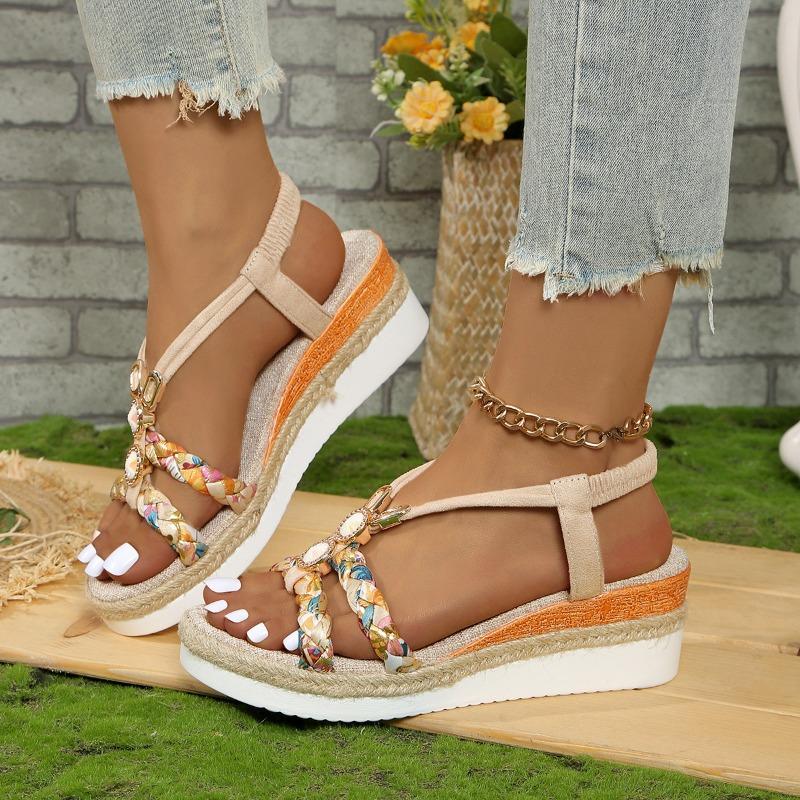 New Fashion Versatile Comfortable Bohemian Sandals Women's Rhinestone Open-toed Women's Wedge Heel Platform Sandals