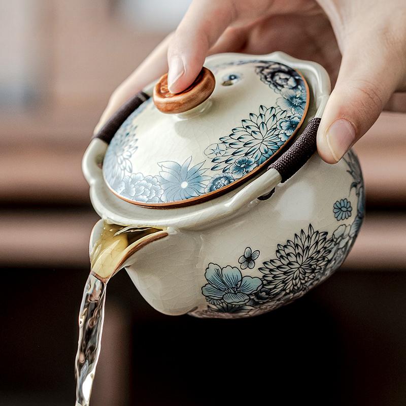 Ru Kiln One Pot Three Cups Outdoor Camping Travel Tea Set Portable Bag Teapot Teacups for One Person Use Fast Guest Cups