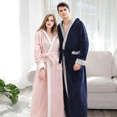 Autumn And Winter Flannel Nightgown Hooded Bathrobe Coral Fleece Men'S Thickened Extended Couple Bathrobe Women