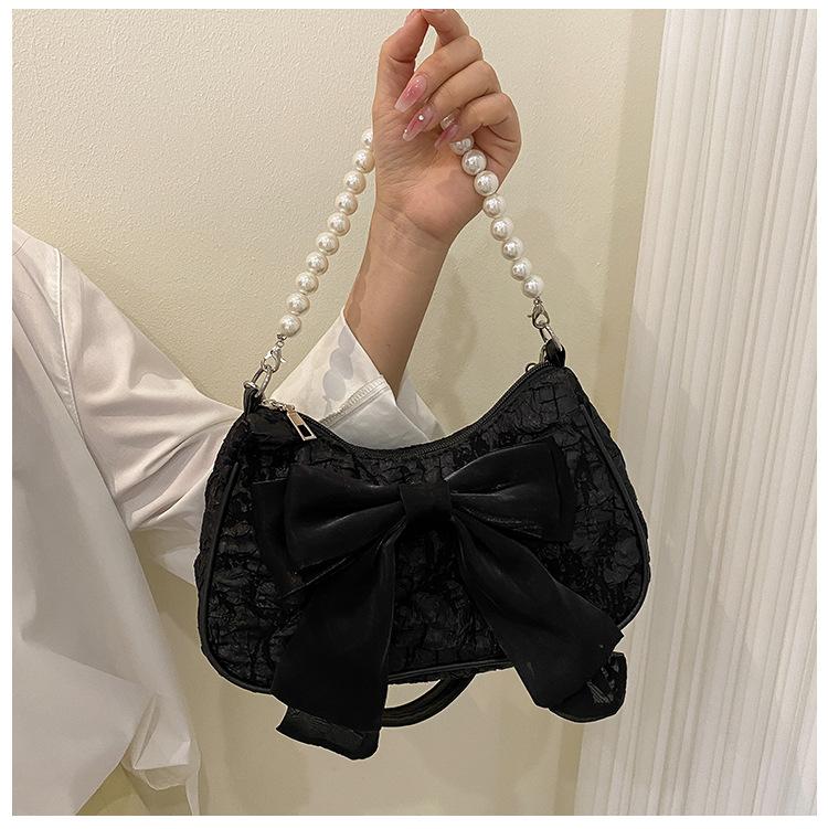 

2026 Trendy Niche Bow Handbag for Women Summer New Fashi Pearl Underarm Bag Versatile Shoulder Bag чёрный