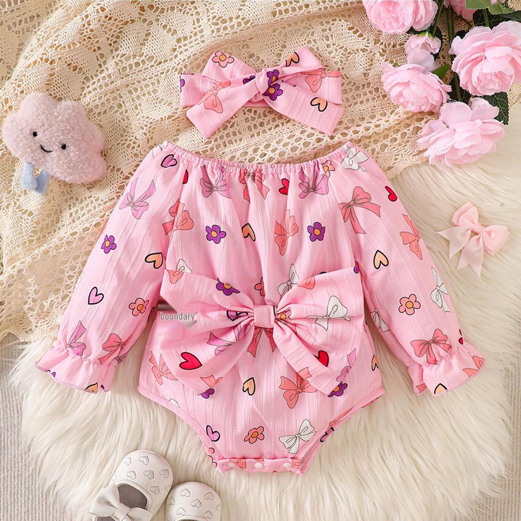 Rosa Schleifen-Aufdruck Langarm Baby Mädchen Strampler