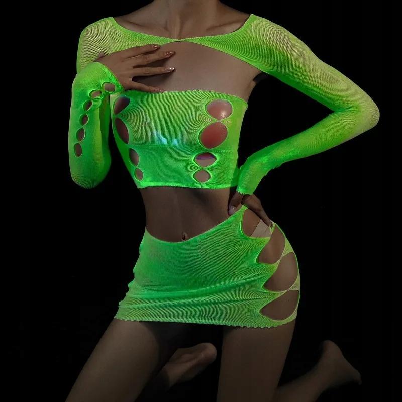 Bodystocking Glowing In The Dark Mesh Lingerie Set Attractive Ladies
