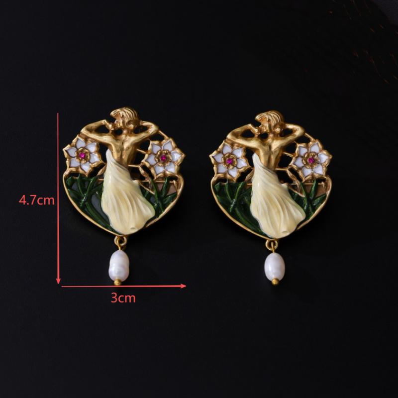 

Vintage Art Nouveau Dancer Earrings – Enamel Floral Design with Freshwater Pearl Drop for Women