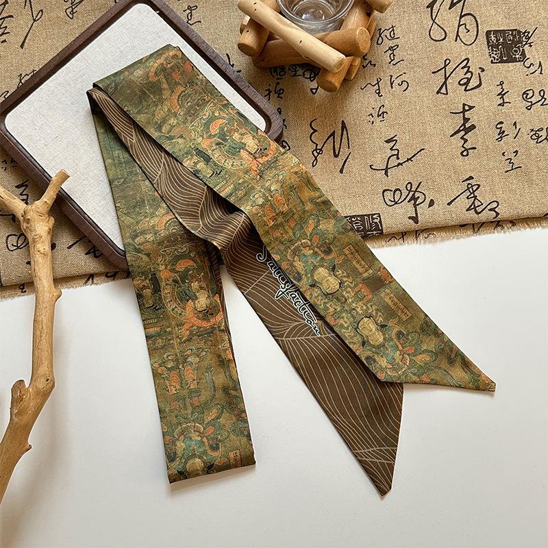 Long streamer bow tied hair retro Dunhuang oil painting silk scarf headband women tied headscarf