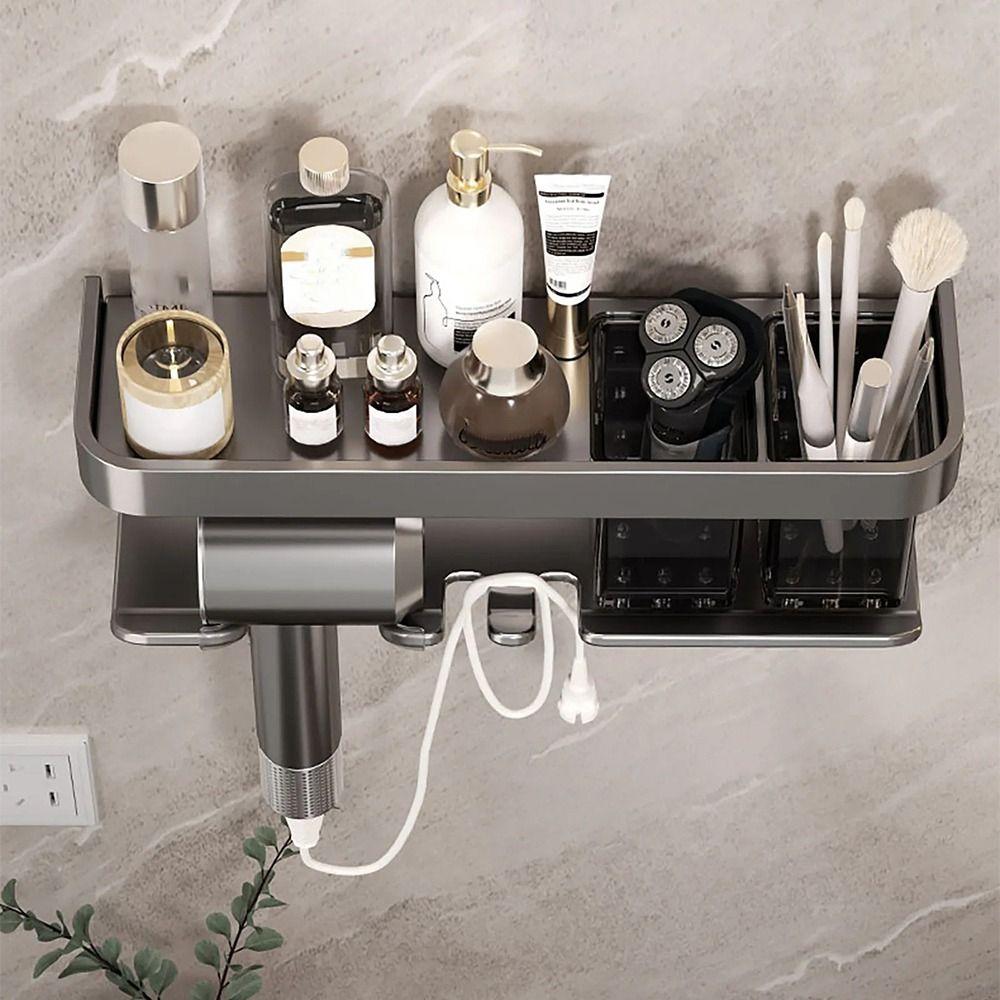 Wall Mounted Hair Dryer Holder No-Drilling Shower Shelf Sturdy Makeup Storage Organizer  Salon