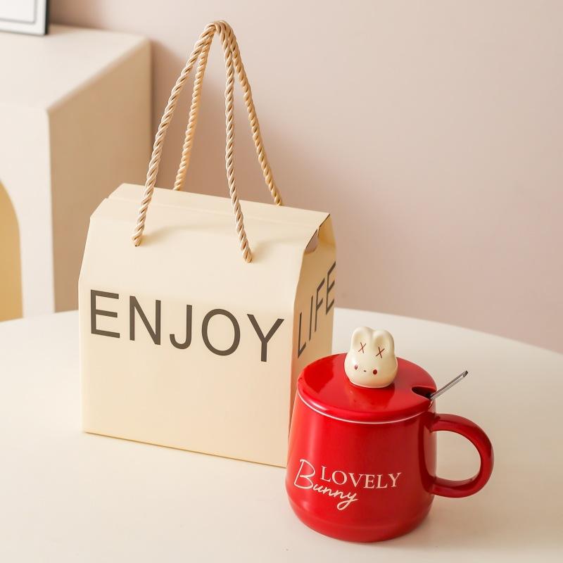 Cartoon cute rabbit ceramic mug household milk cup breakfast cup with lid gift water cup couple coffee cup