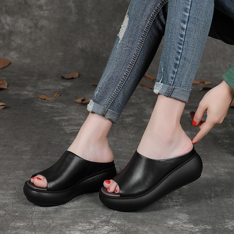 Summer wedge heel comfortable women's slippers thick-soled medium temperament outer wear leather slippers medium heel sandals
