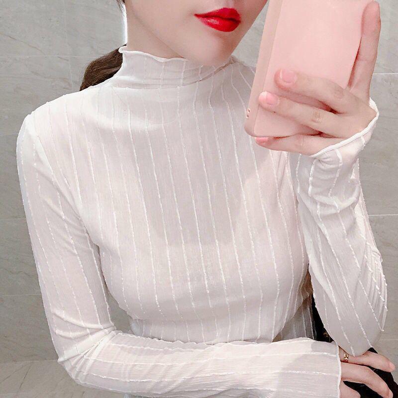 Women's High Neck Ruffle Silk Lurex Long Sleeve Shirt - Elegant Striped Base Layer for Autumn/Winter