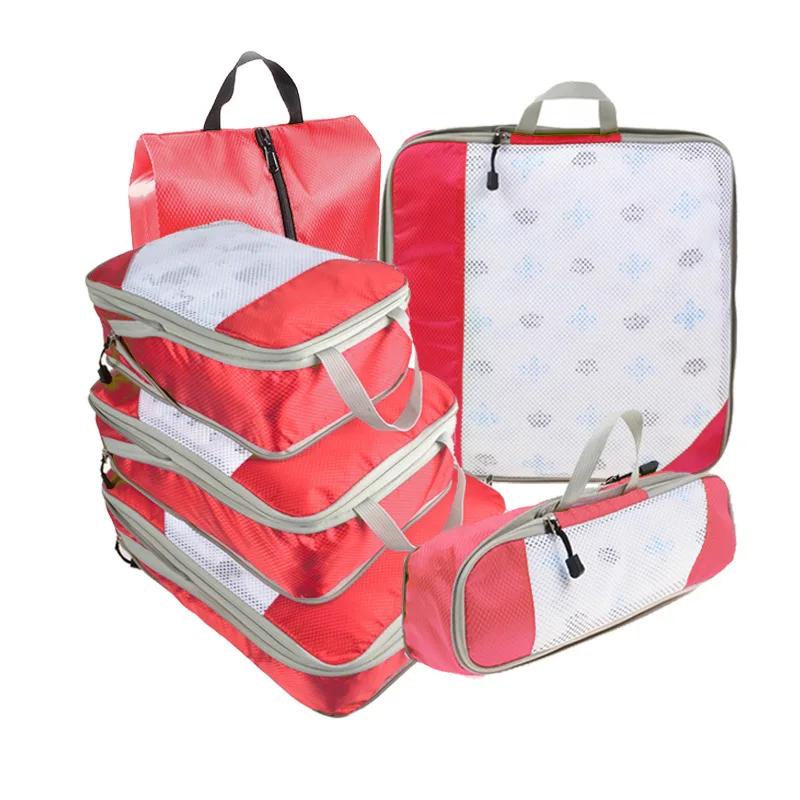 6PCS Mesh Visual Luggage Portable Packing Cubes Lightweight Suitcase Bag Compressed Travel Storage Organizer Set with Shoe Bag