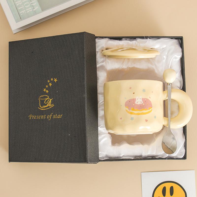 Milk fufu cute ceramic cup girl high value mug with lid spoon dormitory couple office coffee cup