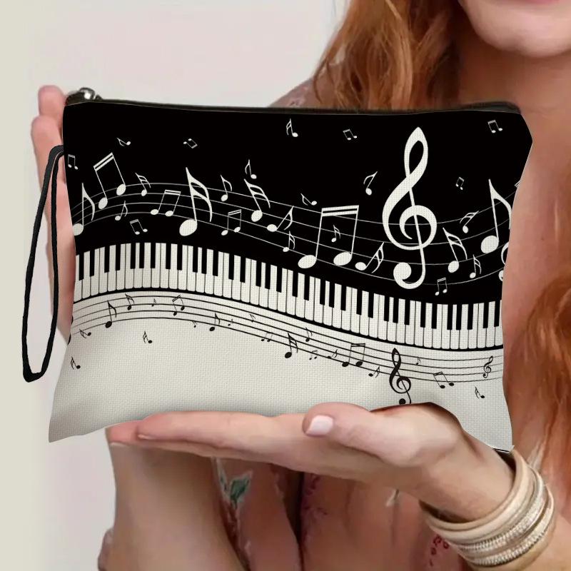 Piano Note Print Portable Zipper Makeup Bag for Coins, Stationery, and Toiletries