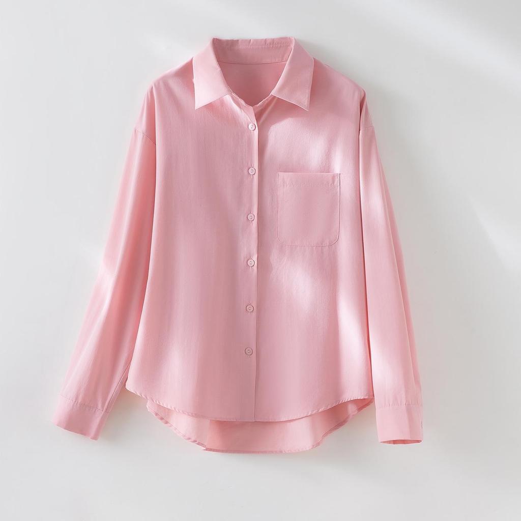 Spring 2026 Women's Versatile Long Sleeve Lapel Shirt - Front Short, Back Long, Loose Fit, Solid Color