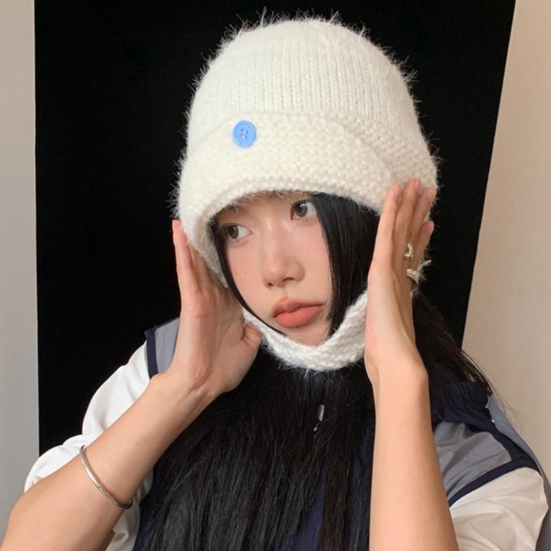 Winter Warm Knit Hat for Women Girl Button EarFlap Beanie Hat Outdoor Activity Scarf Cap Windproof Headwear Pullover Hat