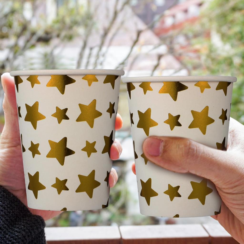 Amosfun Disposable Paper Cups, 250ml, Heat-Resistant, Thick, Gold with Star Pattern, Set of 100, Commercial Use, Insulated, Stylish, Durable, and Leak