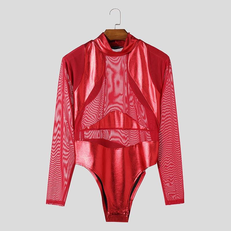 INCERUN Men Long Sleeve Glitter Patchwork Mesh Sheer See Through Leotard Jumpsuits