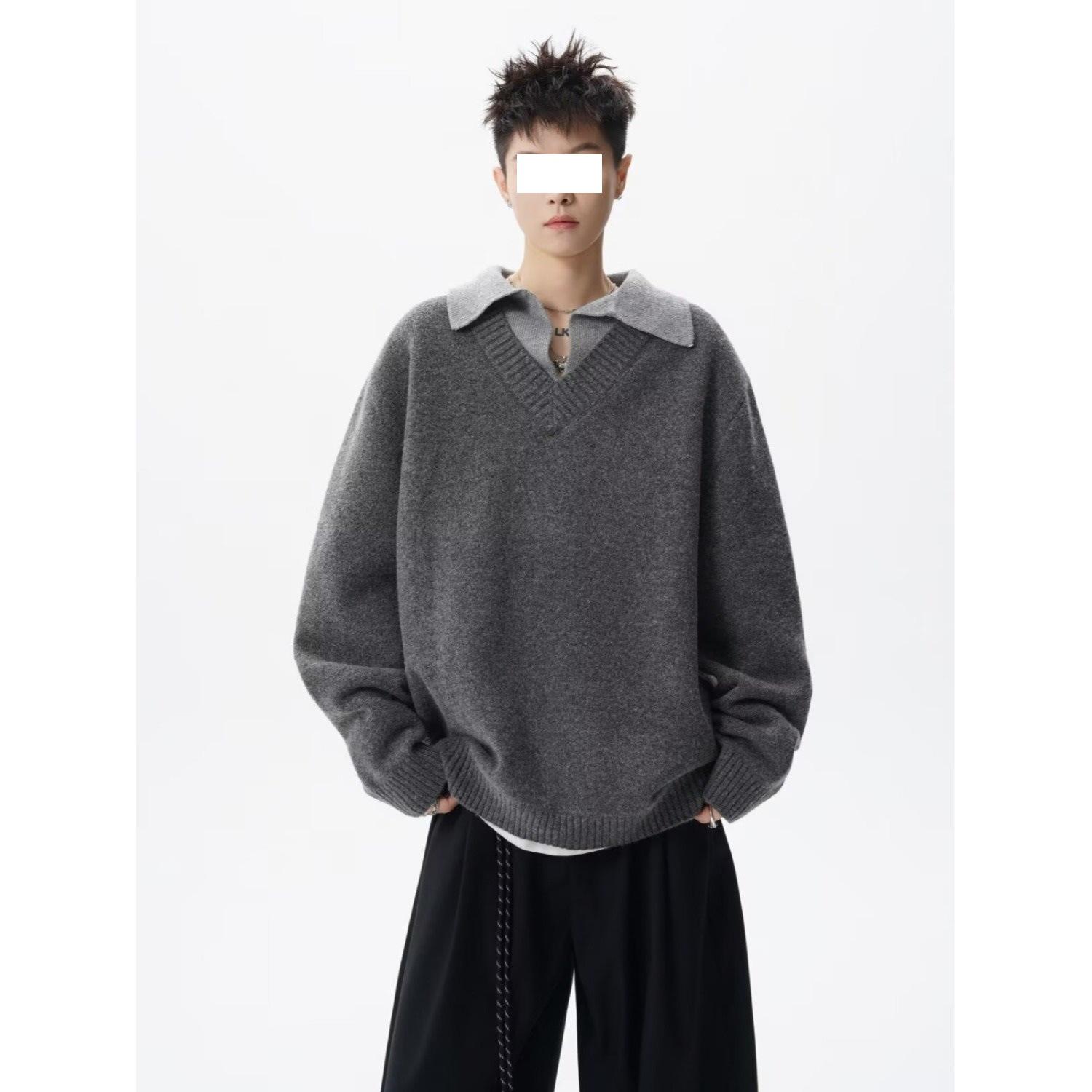 Retro V-Neck Knitwear: Men s Autumn-Winter Faux Two-Piece Polo Pullover 2XL