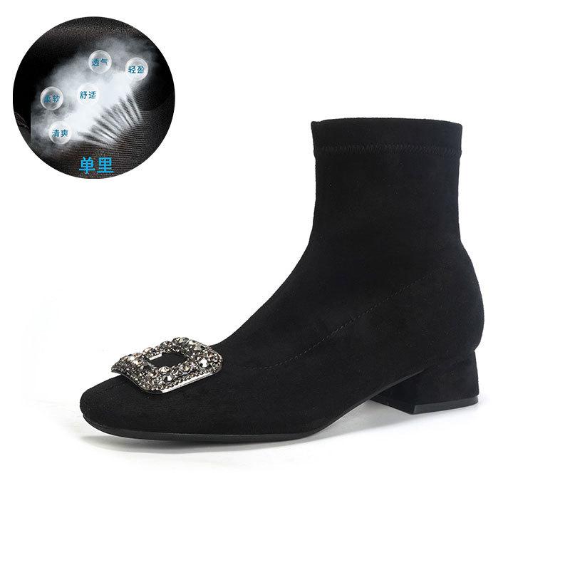 Suede Skinny Boots Coarse Heel Medium Heel Short Boots Women's Autumn and Winter Single Boots Rhinestone Square Head Internet Celebrity Elastic Flee