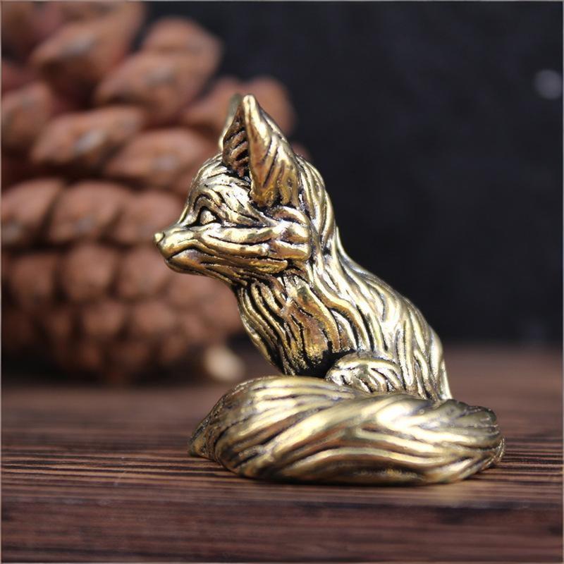Brass Fox Statue Cute Fox Miniature Figurines Desk Ornament Decorations Accessories Copper Animal Sculpture Home Decor Crafts