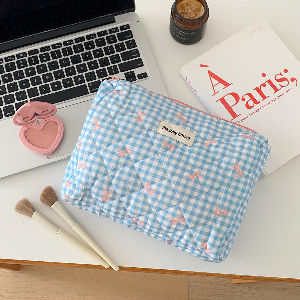 Checkered Cute Bow Travel Makeup Pouch with Zipper Toiletry Bag Cotton Quilted Cosmetic Organizer Case for Women and Girls