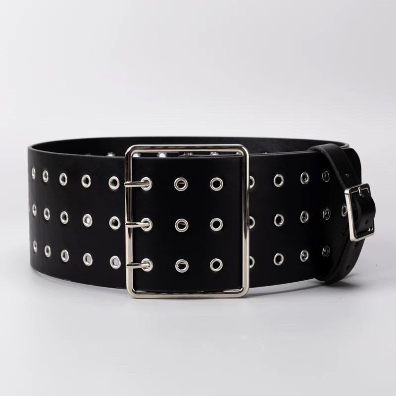 

Three-row Pinhole Rivet Punk Wide Leather Belt Woman Vintage Techwear Style Black Leather Waist Belts Cummerbunds 100cm чёрный