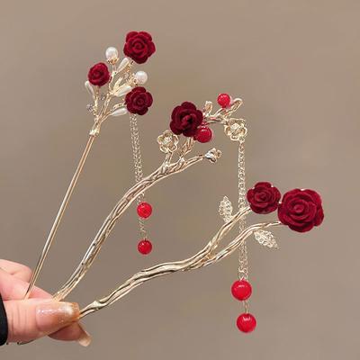 1Pc Butterfly Retro Hair Accessory Gift Hairpin Exquisite Rose Flower Fashion Red Series Tassel