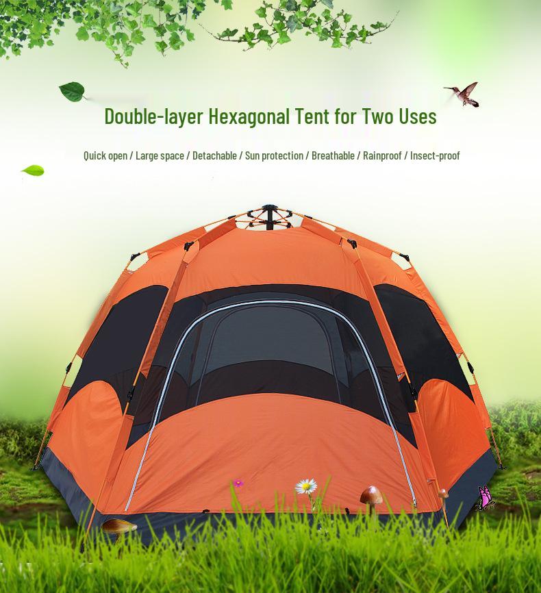 Hexagonal Camping Tent: 6-10 Person, Large Space, Automatic, Portable, Rainproof & Sunproof - Quick Setup, No Assembly Needed.