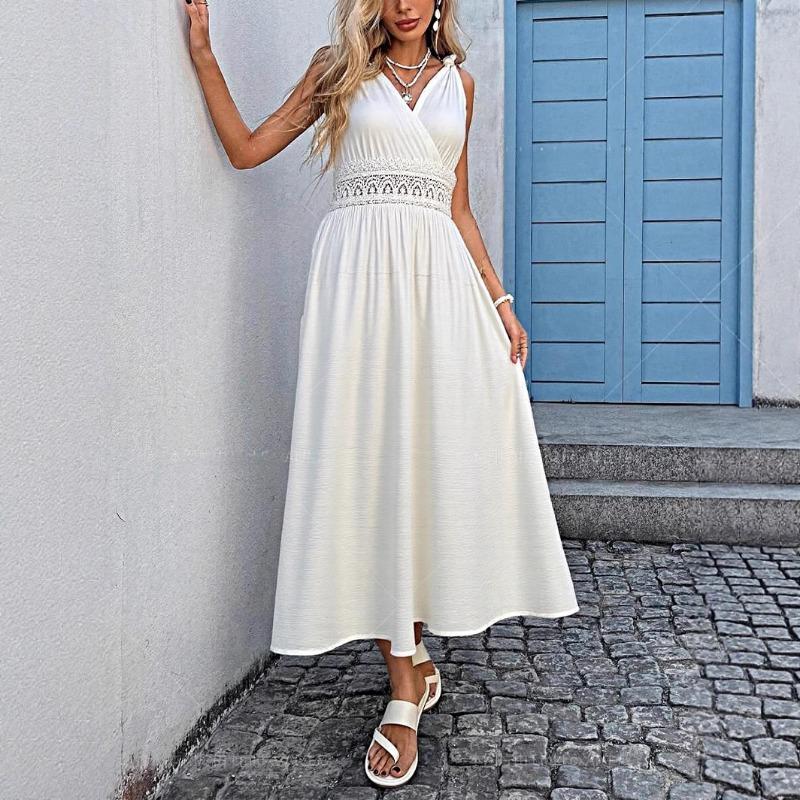 Fashion Sexy Cross V Neck Women Evening Party Dress High Waist Slim Lace Sleeveless Loose Casual Simple Elegant Long A-line Dresses Solid Clothing
