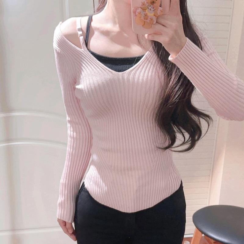 Herbst Slim Fit Rosa Gestrickter Pullover Damenbekleidung Langarm V-Ausschnitt Basic Damenpullover Tops Elegant Uni Lässig Winter Strickware 25350