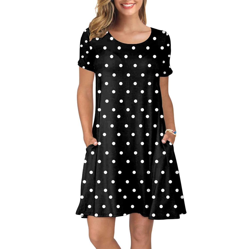 Women's Fashion Print Loose Casual Short-Sleeved Round Neck Pocket Dress