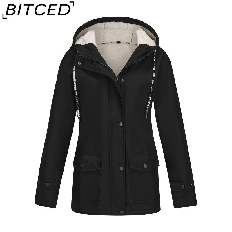 BITCED Women's Spring/Autumn Hooded Trench Coat with Fleece Lining and Water-Repellent Finish Long-Sleeved Zip-Up Cardigan