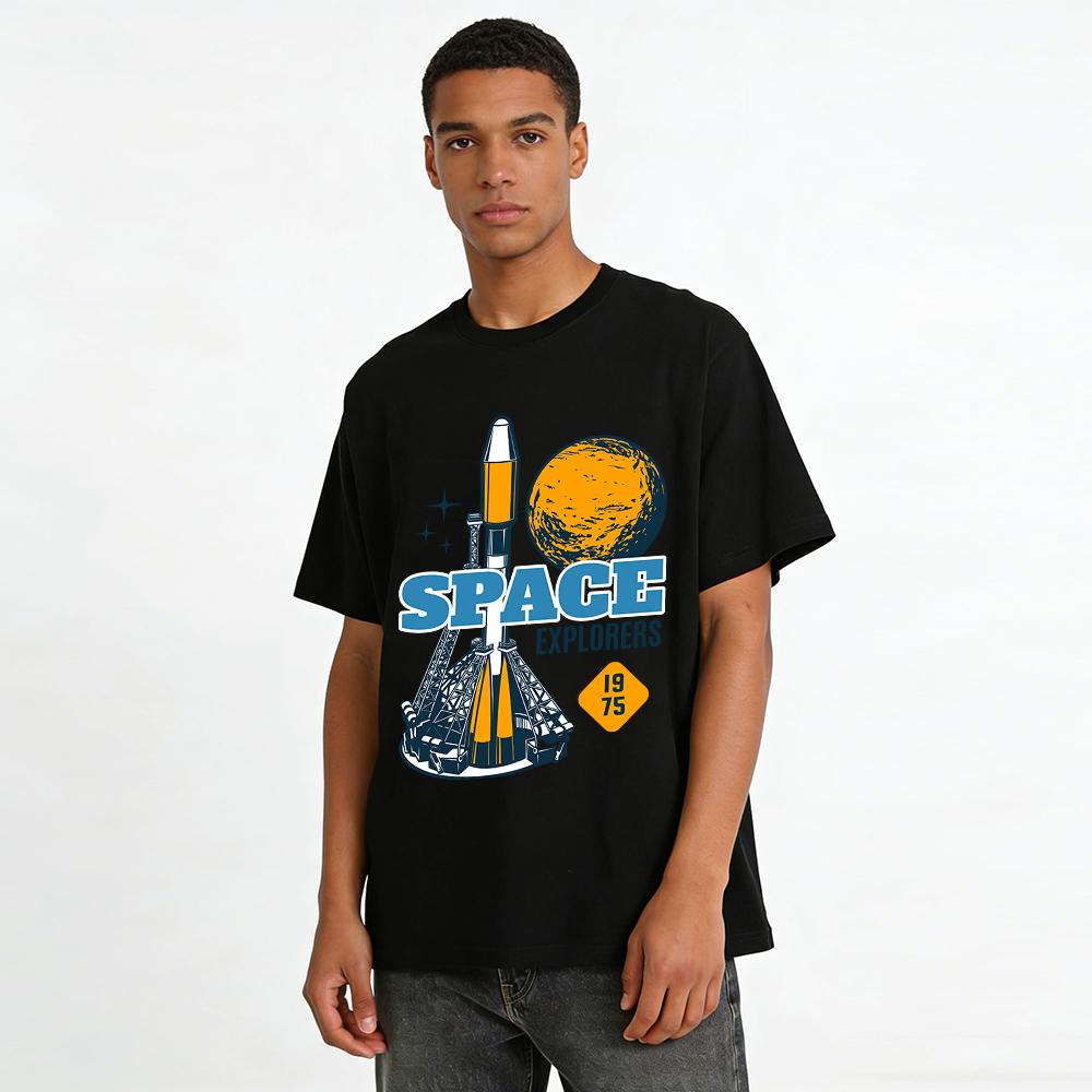 1975 Space Explorers Vintage Rocket Planet Print Graphic T-Shirt Pure Cotton T-shirt
