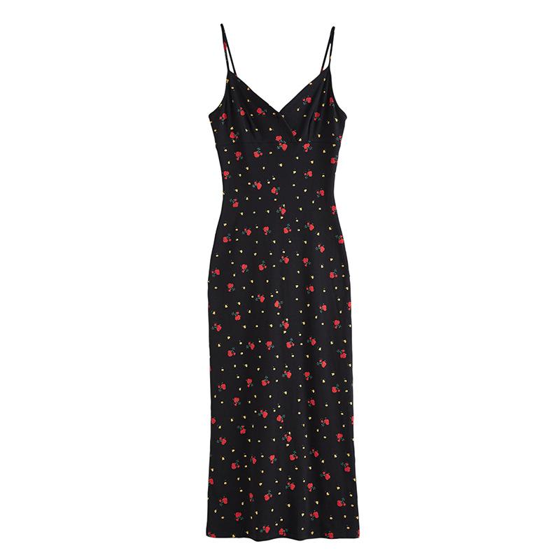 Combed Pure Cotton Rose Printed V-neck Suspender Dress for Women's Summer New Slit Sexy Long Skirt