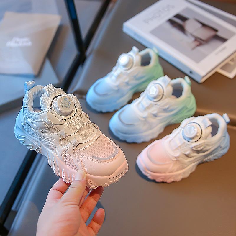 Girls' Sports Shoes Spring and Autumn New Children's Little White Shoes with Rotating Button Ultra Light and Thin Mesh Breathable Single Mesh Shoes