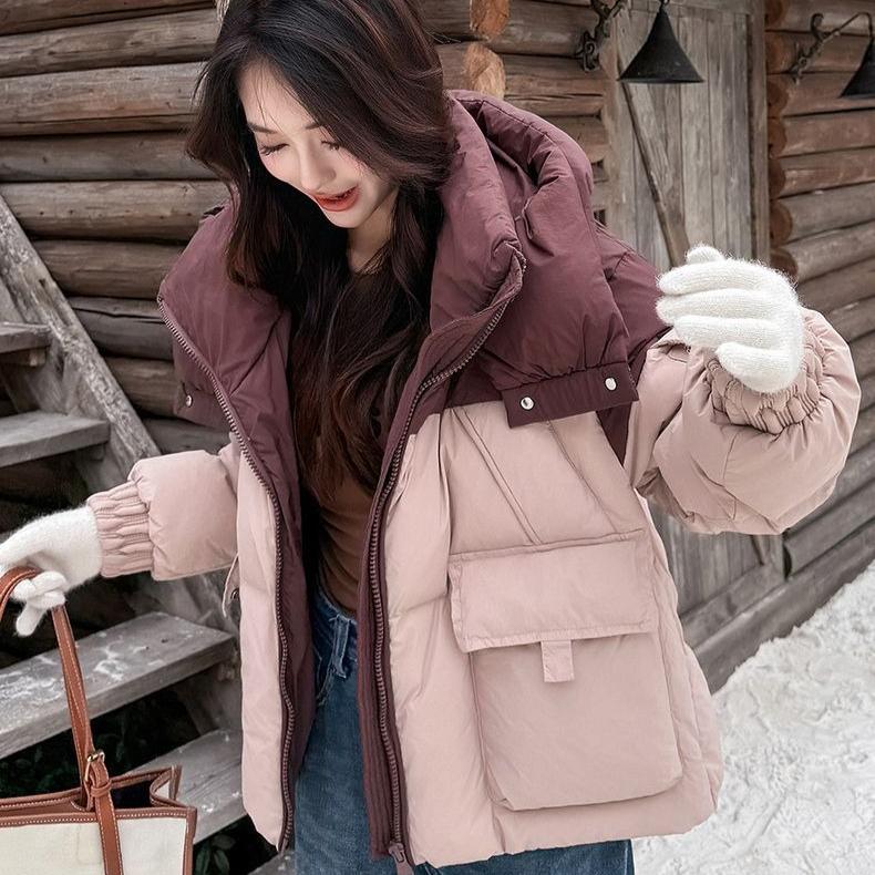 Winter Women Color Block Patchwork Hooded Cotton Jacket Short Korean Style Coat