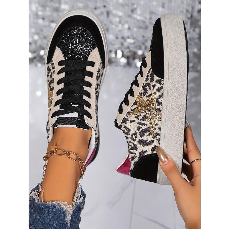 [Everyday Comfort] Women's Leopard Print Star Sneakers, Casual Lace-Up Low Top Shoes with Round Toe, Fabric Upper & Mesh Inner, PVC Sole