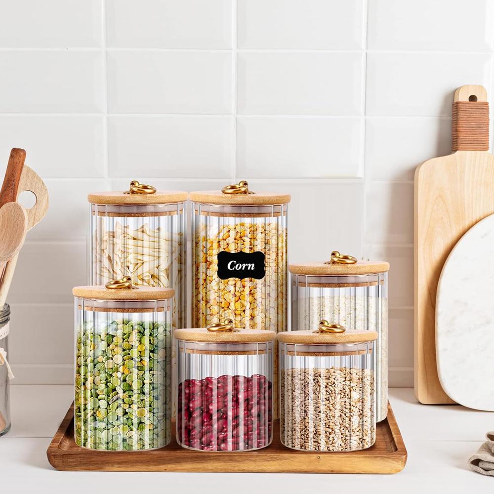 Glass Food Storage Jars Kitchen Containers with Airtight Bamboo Wooden Lids for Pasta, Cookies, Nuts, Coffee Beans, Cereal