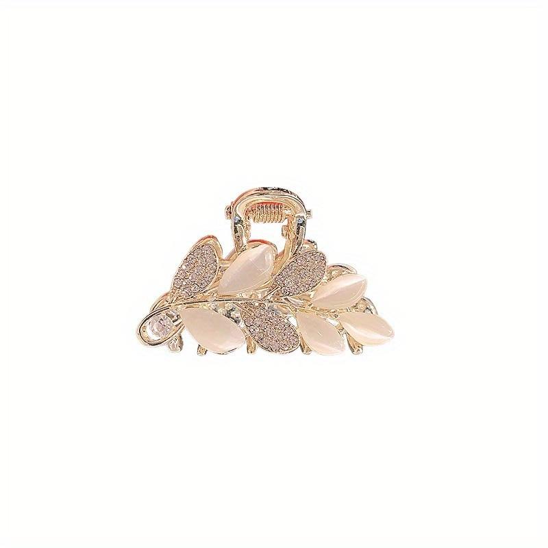 Exquisite Cat's Eye Stone Leaf-Shaped Small Hair Claw Clip for Back-of-Head Updo, Elegant Half-Up Hairstyle Hairpin, High-End Hair Accessory